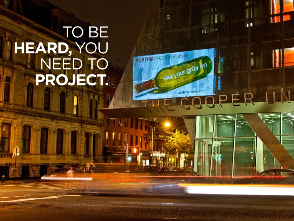Austria Uncorked ‘Get your grüv on’ projection on The Cooper Union, New York