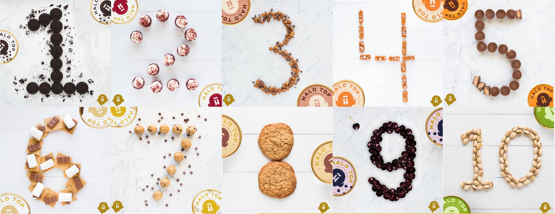 Ten Halo Top pint lids with each new flavor&rsquo;s ingredients arranged into the numbers one through ten