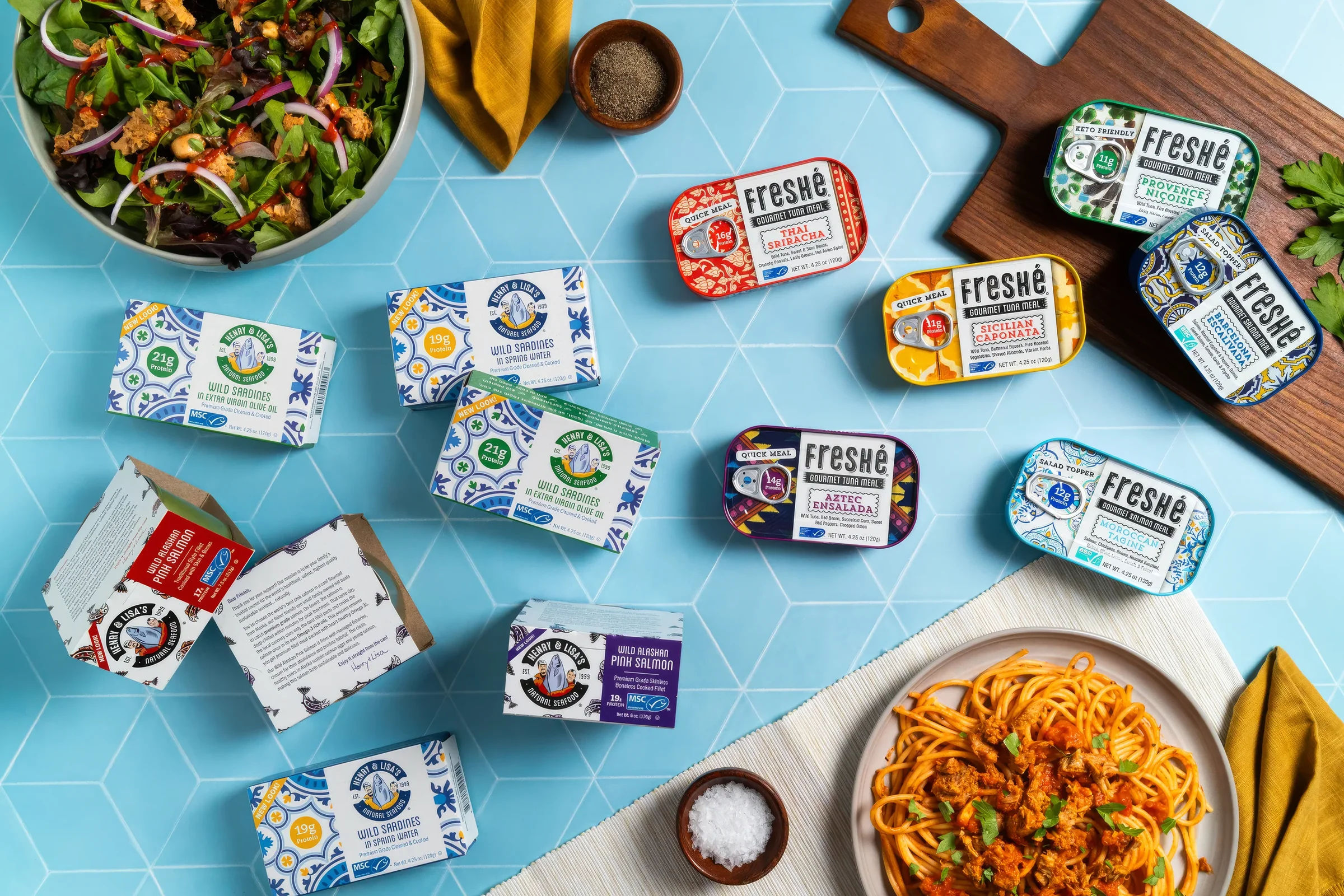 Freshé gourmet tuna and salmon meals with Henry & Lisa’s wild sardines and salmon — full product lineup