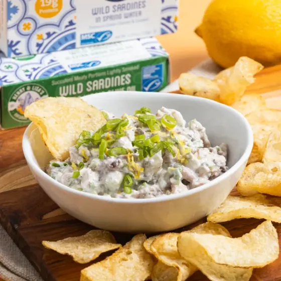 Henry & Lisa's wild sardines dip with potato chips, styled by Crier studio