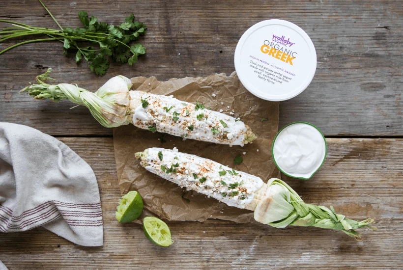 Overhead food styling — Mexican street corn with Wallaby Organic Greek yogurt
