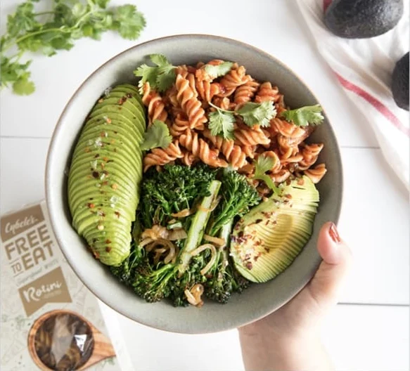 Free To Eat — avocado and rotini bowl with broccolini